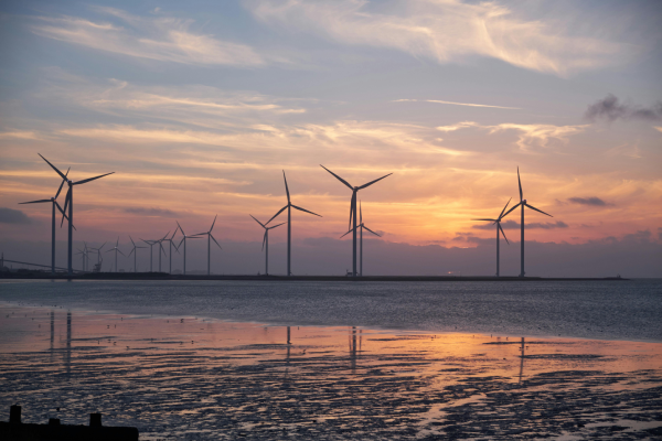 Wind turbines at sunset along a coastal shoreline with calm water and colorful clouds.