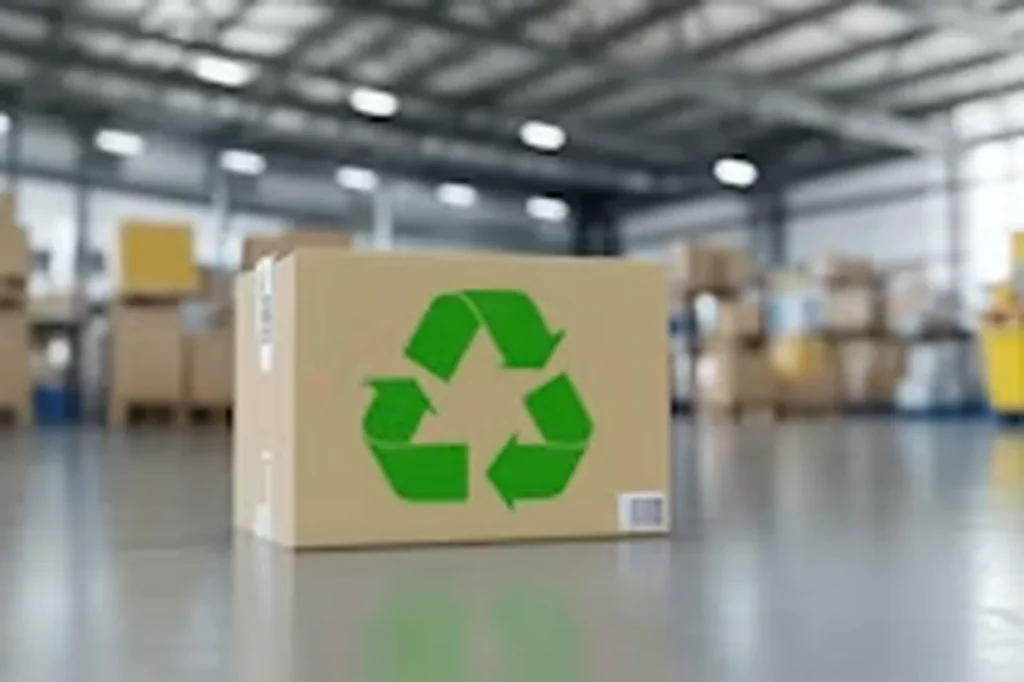 Cardboard box with a green recycling symbol in a warehouse - NAFES Packaging and Sustainability webinar